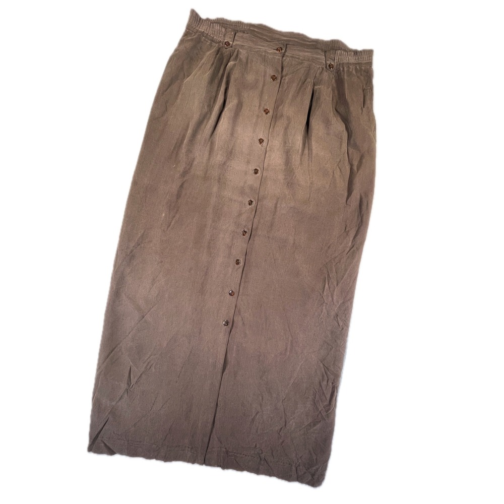 City Silk Button Maxi Skirt 14 Brown Silk Vintage 90s Dark Academia Lagenlook